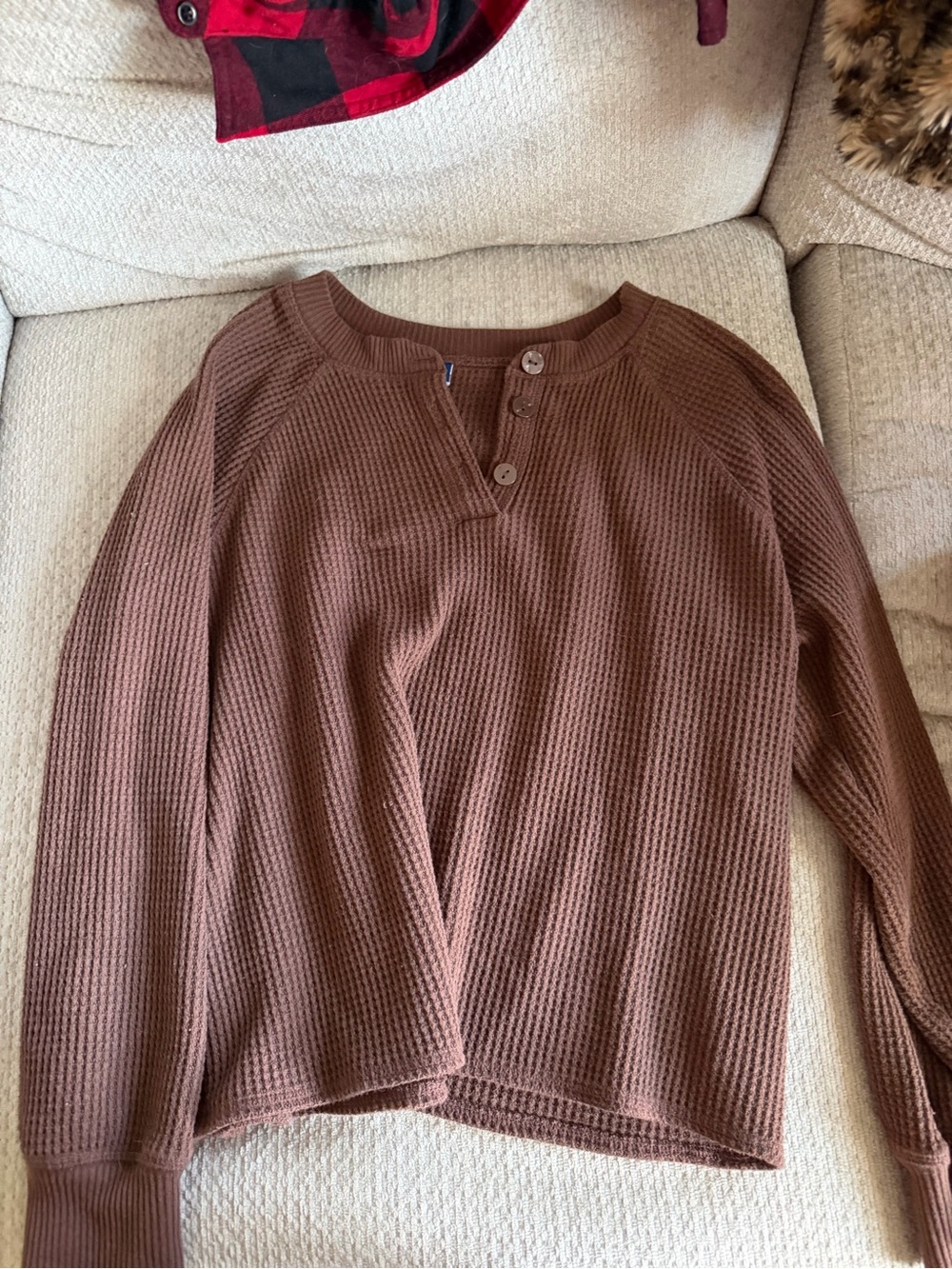 Old Navy Brown Waffle Knit Henley Button-Down Top